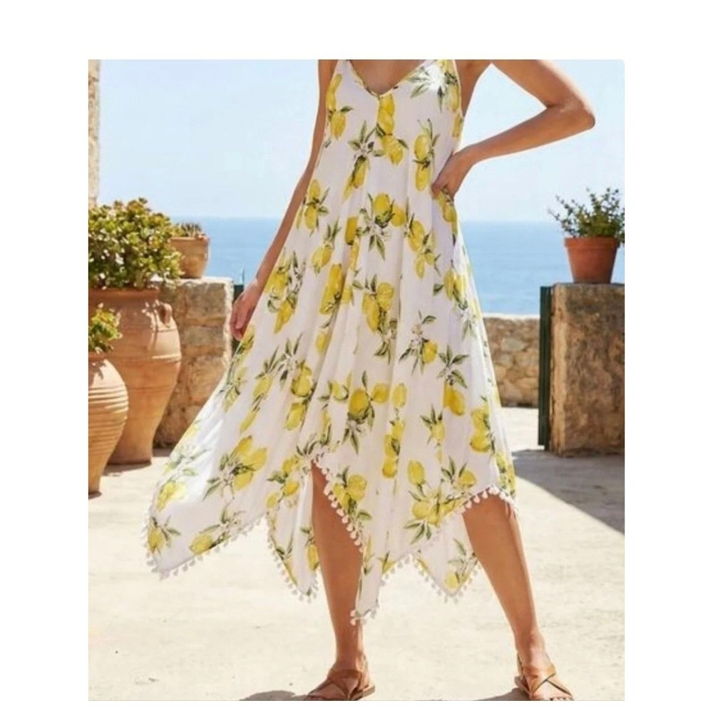 Goa Beachwear by Japna Lemon Print Pom Pom Handkerchief Hem V-Neck Dress Small